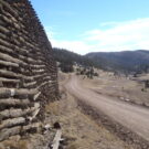 side view of dirt road with logs neatly stacked on left side